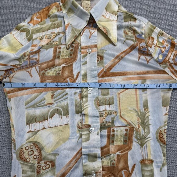 Vintage 70s Long Sleeve Collared Shirt With Retro Interior Design Print Size 7/8 - Picture 8 of 11